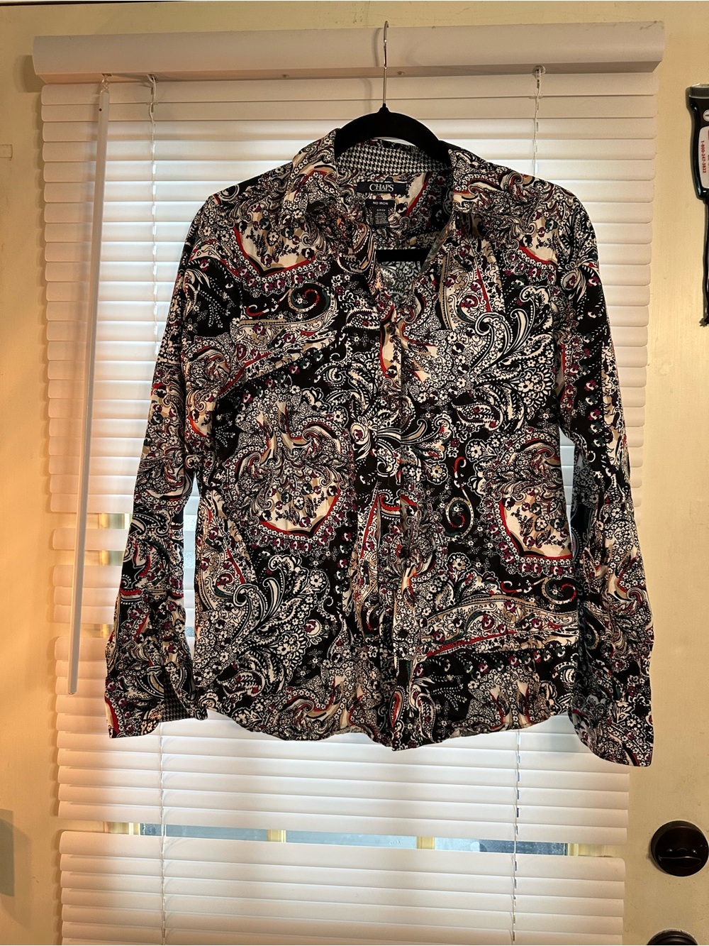 Chaps Paisley Button-Up Shirt in Black, Cream & Red Accents
